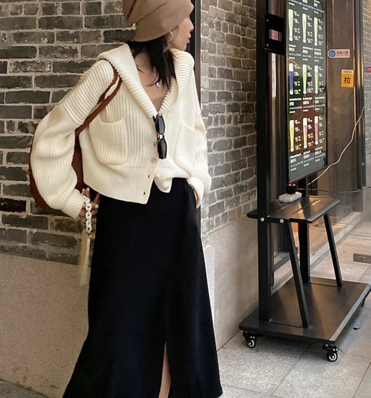 Women's Hooded Cardigan Button Up with Pocket Knitted Sweater Hoodie Slouchy Knitwear Fall Winter Casual Chic Outfit voguable