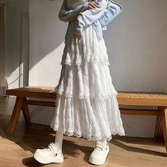 Voguable  Sweet Lace Ruffles Long Skirt Women Summer Cute Puff Cake A Line Skirt Woman Korean Style High Waist White Chiffon Tulle Skirt voguable