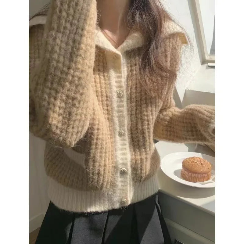 Sailor Collar Sweater Cardigan for Women Soft Waffle Knit Button Front Sweater Jacket Teen-girl Fall Winter Classic Chic Outfit voguable