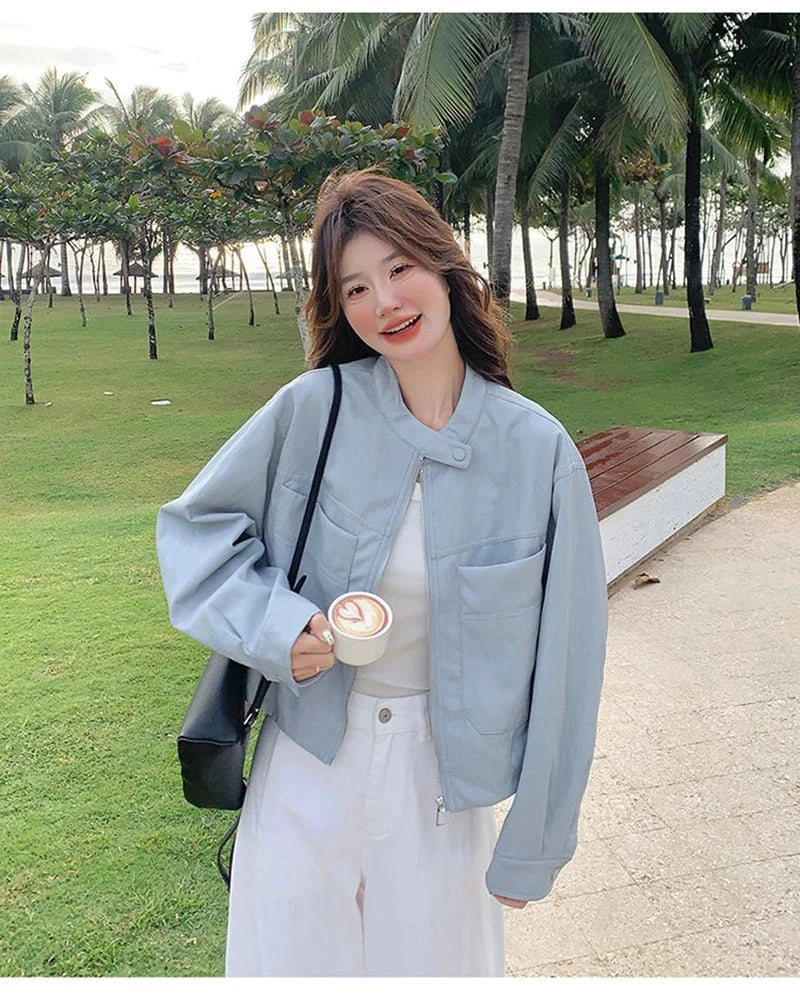 Sweet Biker Pu Jacket Women Vintage Preppy Style Big Pockets Short Coat Casual Korean Long Sleeve Retro O Neck Cute Tops voguable