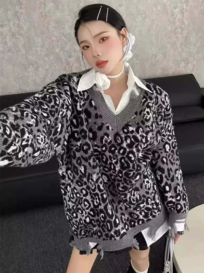 Hip Hop Hole Leopard Sweater Women Loose Streetwear Lazy Wind Y2K Knitted Jumper American Harajuku Vintage Long Sleeve Tops voguable