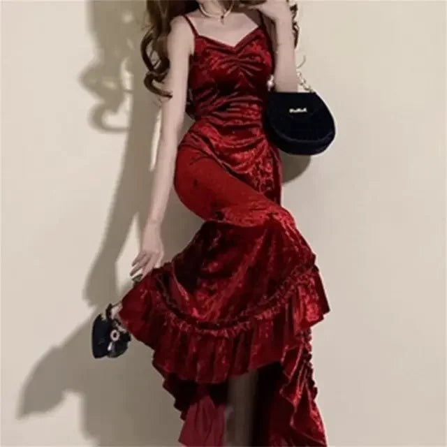 Voguable  Winter French Vintage Velvet Long Dress Women Elegant Slim Spaghetti Strap Folds Dress Sexy Casual Evening Party Y2k Dress voguable