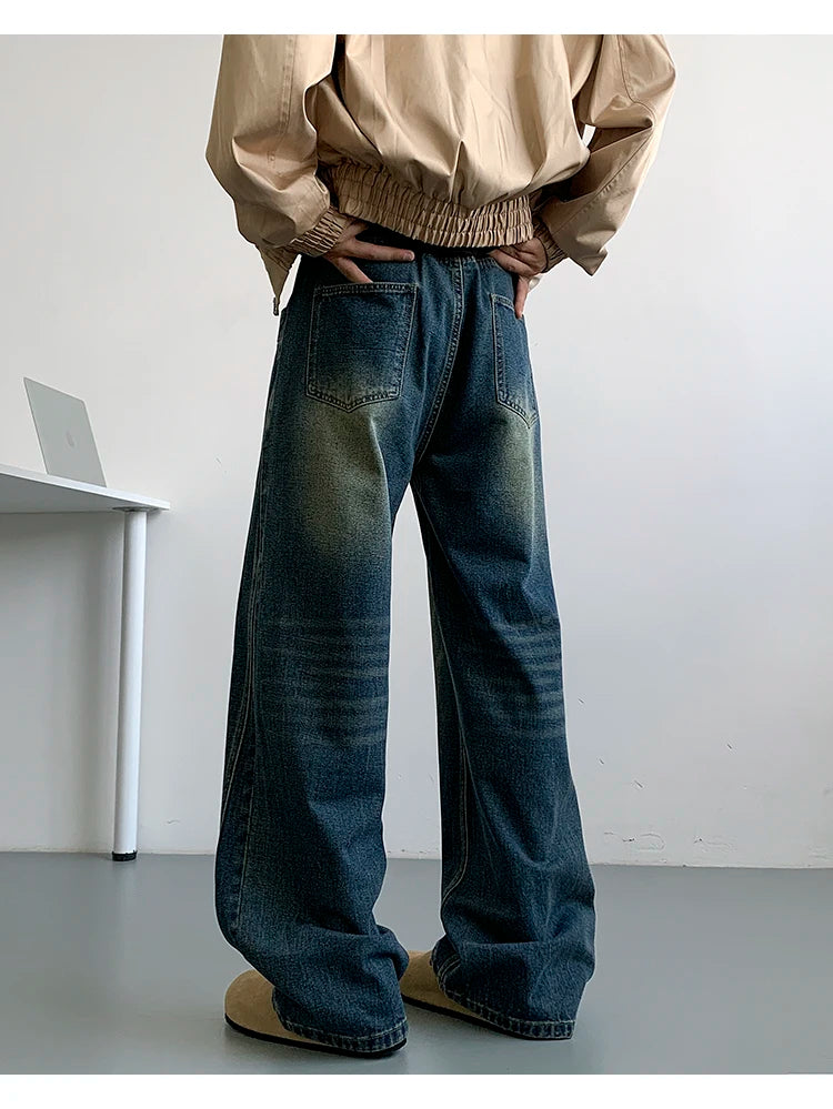 Winter Nostalgic Blue Jeans Men Chic Patchwork Loose Casual Denim Pants Wide Leg Male Straight Mopping Trouser Streetwear voguable