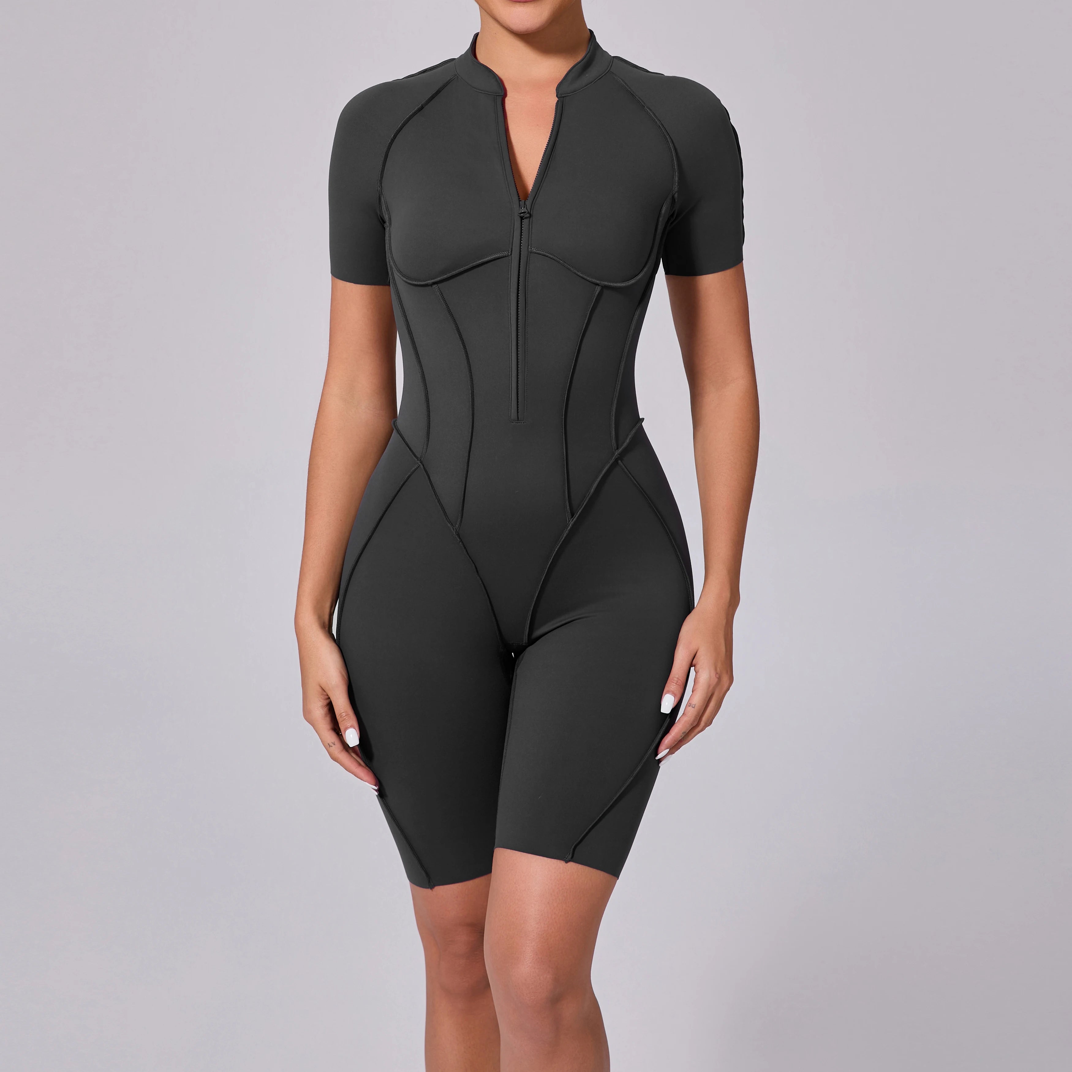 Voguable  Summer Zipper Workout Jumpsuit Sports Overalls Women Running Fitness Short Sleeve Yoga Bodysuit voguable