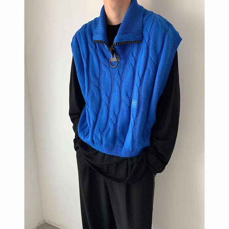 Voguable Autumn Short Sweater Vest Men Fashion Casual Lapel Knit Pullover Men Korean Loose Zipper Sleeveless Sweater Men Jumper Clothes voguable
