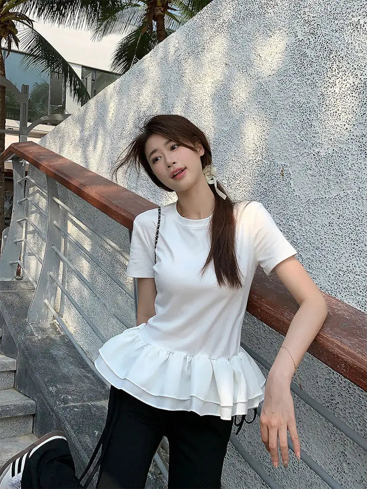 Women Patchwork Fringed Ruffles O-neck Cotton Tshirt Womans Summer Clothes Elegant Solid Shirt Women Slimming Short Sleeve Tee voguable