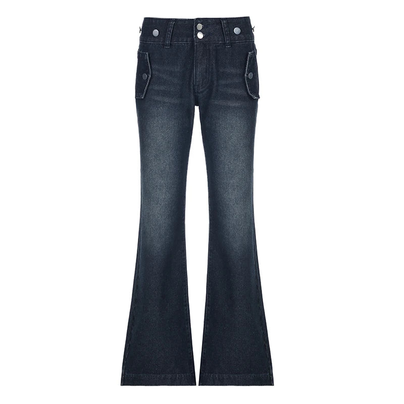 Safari Style Button Decoration Jeans Basic Loose Low-Waisted Wide Leg Pants Women Autumn Winter Streetwear Ladies voguable