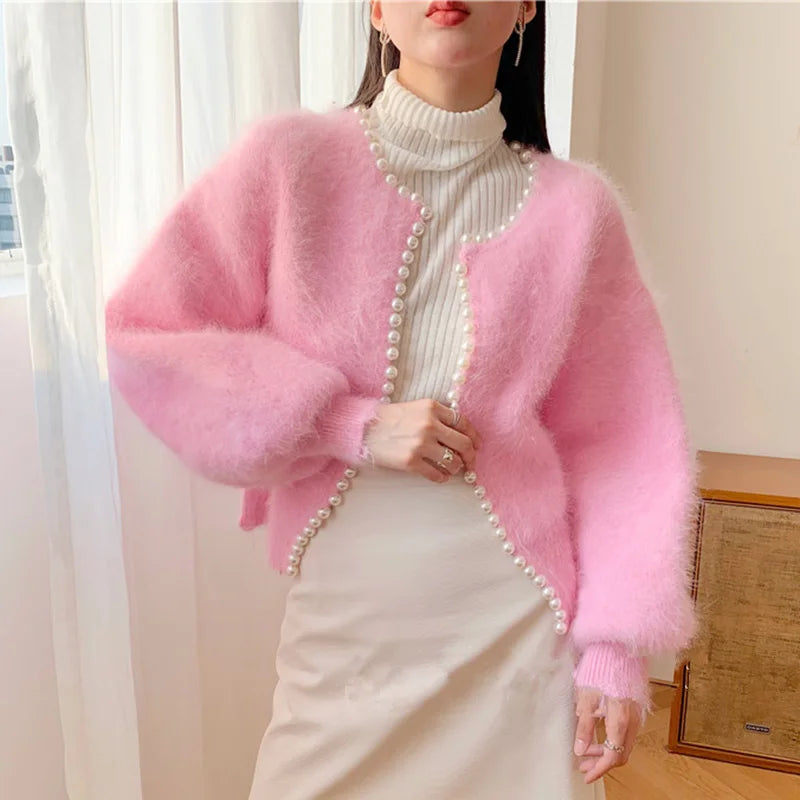 Imitation Mink Soft Women's Cardigan Temperament Pearls Detor Crew Neck Cardigan Woman Autumn Winter Long Sleeve Outwear Lady voguable