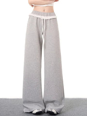 Elegant Vintage Gray Sweatpants Women High Waist Korean Sweet Wide Leg Pant Fall Retro Loose Ruffles Pockets Lady Trousers voguable