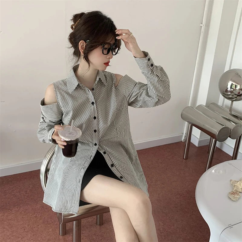 Hollow Out Striped Shirt Women Casual Long Sleeve Off Shoulder Blouse Korean Vintage Loose Design Female Retro Elegant Top voguable
