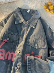 Voguable  Denim Jacket Womens Clothing Autumn Winter Korean Printed Jeans Coat Female Retro Pop Street Loose Denim Top voguable