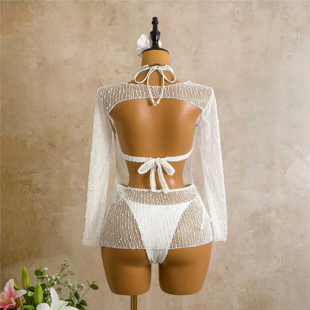 Voguable  Halter String Triangle Bikinis Sets 3 Pieces white mesh sequin long sleeve smock Swimwear Micro Thong Sexy Swimsuit Women voguable