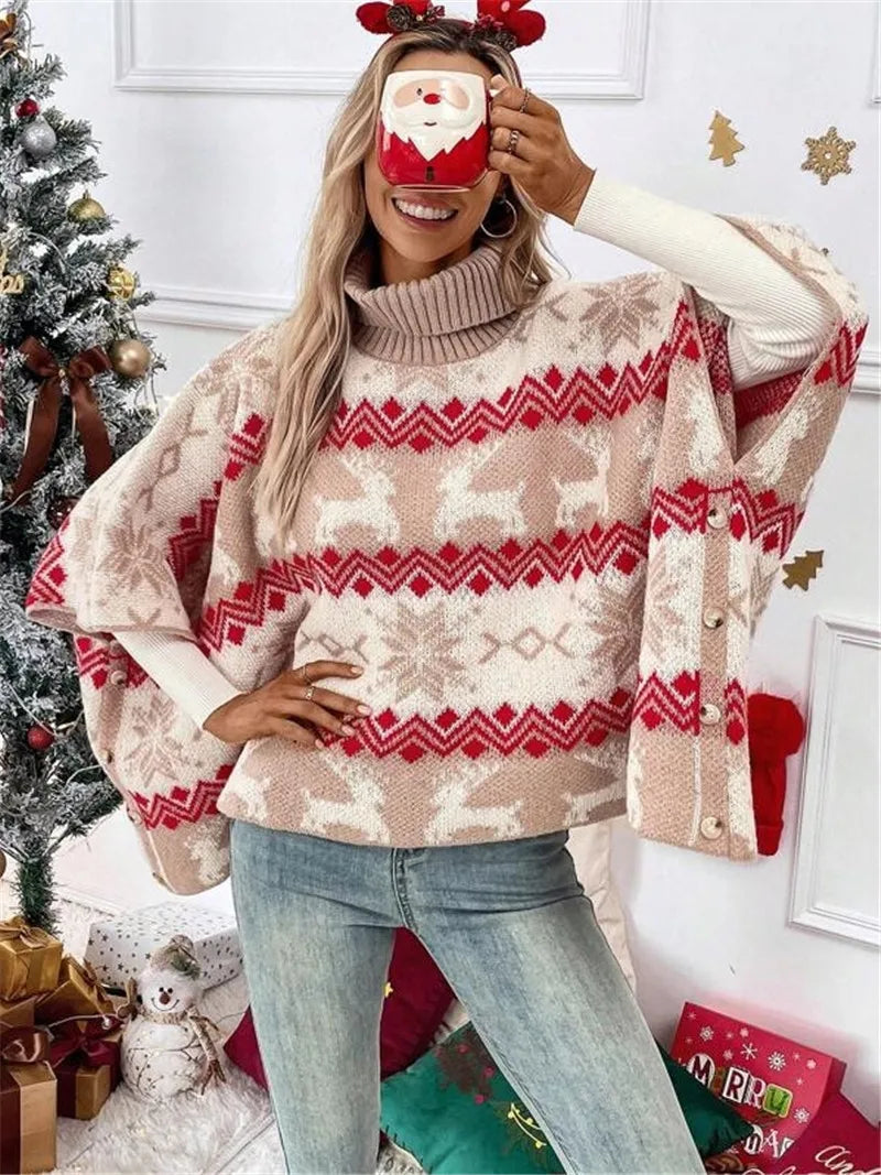 High Collar Christmas Elk Contrast Pattern Bat Sleeve Sweater New Year voguable