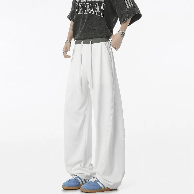 Voguable  Men Summer Thin Ice Silk Quick Dry Pants Color Block Curved Wide Leg Clean Fit Flared Straight Trousers With Drawstring Waist voguable