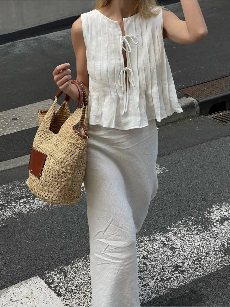 Elegant Solid Women Skirt Set Fashion O-neck Lace Up Sleeveless Pleated Vest Suit 2024 Lady White High Waist Long Skirts Outfits voguable