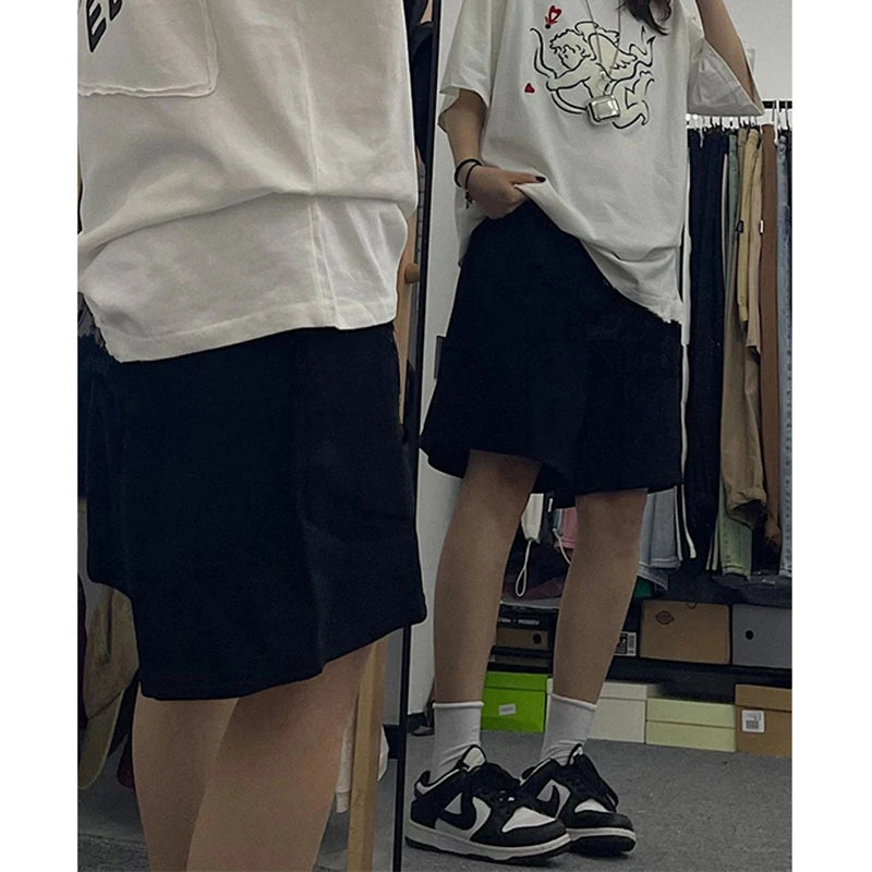 MEXZT Streetwear Pure Cotton Shorts Women Harajuku Oversized Cargo Shorts Summer Korean Black White Wide Leg Sports Short Pants voguable