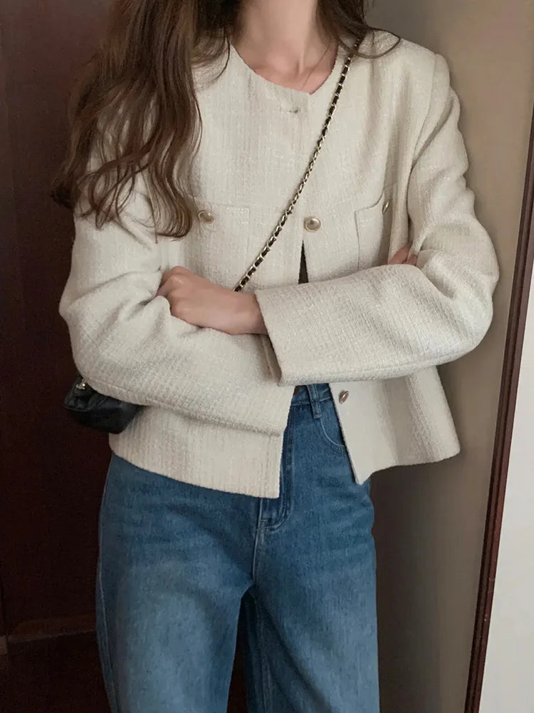 Elegant Chic Tweed Jacket Women O Neck Slim Long Sleeve Fashion Short Coats Casual French Sweet Small Fragrance Outwear Lady New voguable