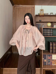 Fall 2025 Fashion Woman Ruffle Lantern Sleeve Sheer Blouse Women V Neck Bandage Oversize Top Designer Fashion Clothes voguable
