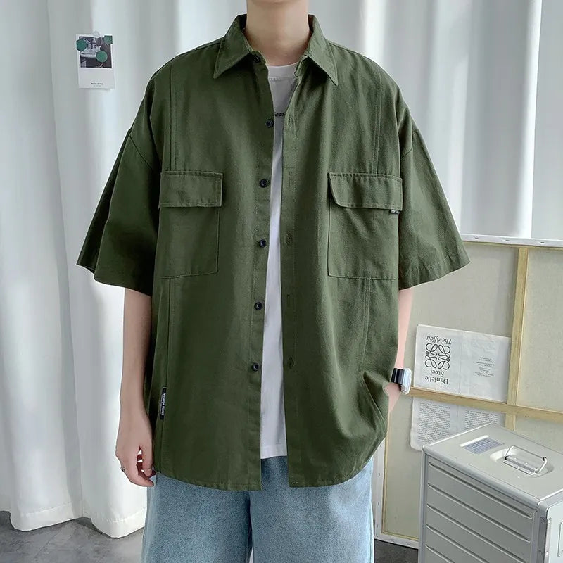 Working Pocket Solid Color Pure Cotton Short-sleeved Shirt Fashionable Summer Lapel Button Functional Half-sleeved Cardigan voguable