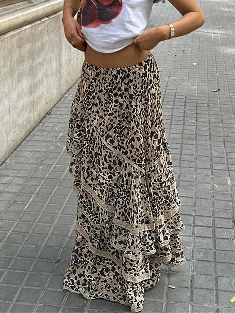 TARUXY Summer New Leopard Printed Maxi Skirt Women's Ruffled Patchwork Fashion Loose High Waist Bandage Female Club Party Skirt voguable