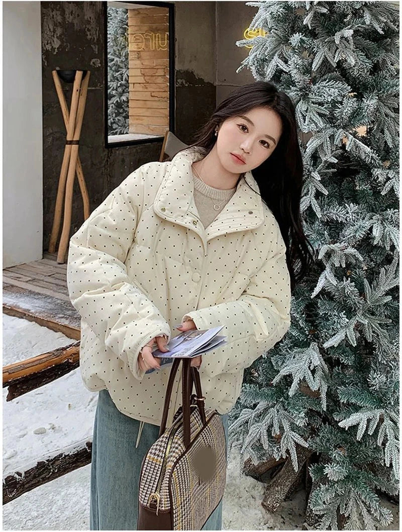 Dot Sweet Warm Parkas Women Long Sleeve Retro Winter Thick Cute Cotton Coat Casual Stand Collar Pockets Korean New Jacket voguable