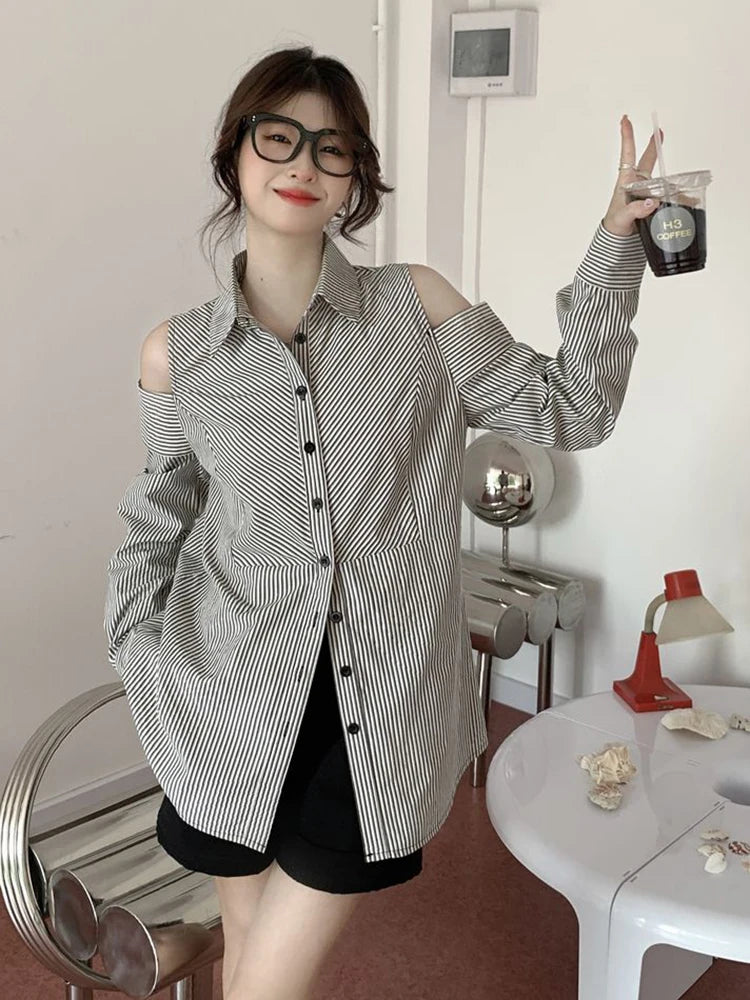 Hollow Out Striped Shirt Women Casual Long Sleeve Off Shoulder Blouse Korean Vintage Loose Design Female Retro Elegant Top voguable