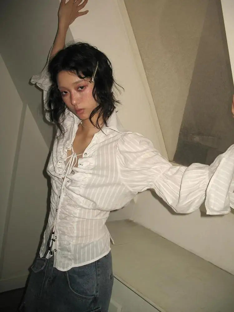 Yedinas Fairycore Style Blouse Women Clothes Flare Sleeve Lace Up Single Breasted Bowknot Shirt Women Tops 2023 Autumn Chic Y2k voguable