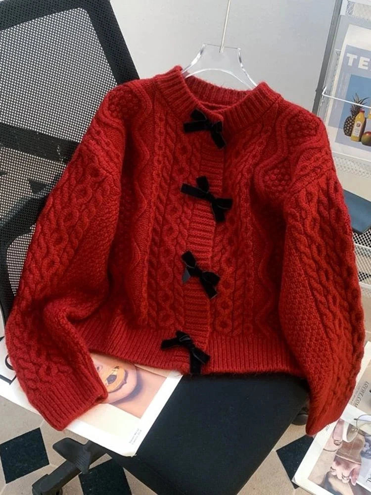 Preppy Style Bow Sweet Cardigan Women Cute Long Sleeve Solid Knitted Sweaters Casual Vintage O Neck Lady Fall Winter Top Outwear voguable