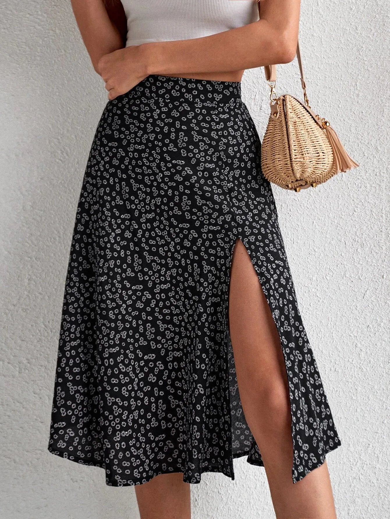 New Women Summer Wrapped Skirts Beach Holiday Clothes High Waist Floral Print Split Casual Summer Midi Skirt Female Sexy voguable