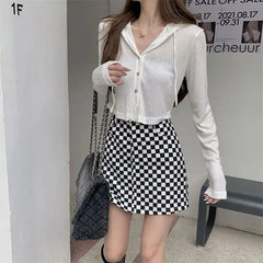 Voguable  Summer Fall Short Jacket Ribbed Long Sleeve Hooded Tops Women Autumn Outerwear Thin Coat Korean Style Cropped Cardigan voguable