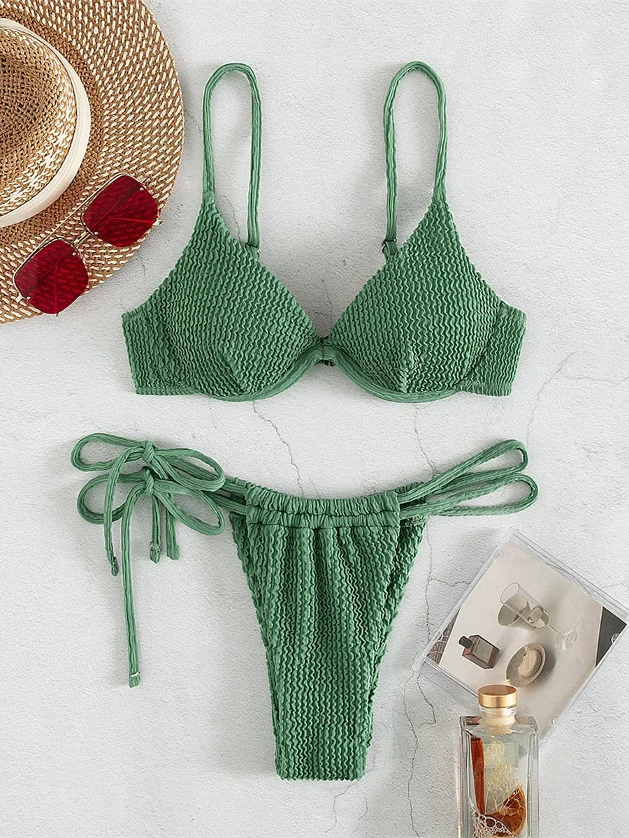 Voguable Underwire Push Up Bikinis Women Solid Green Swimwear 2024 Ribbed Cut Out Beach Bathing Suit Tie Side Triangle Swimsuit Biquini voguable