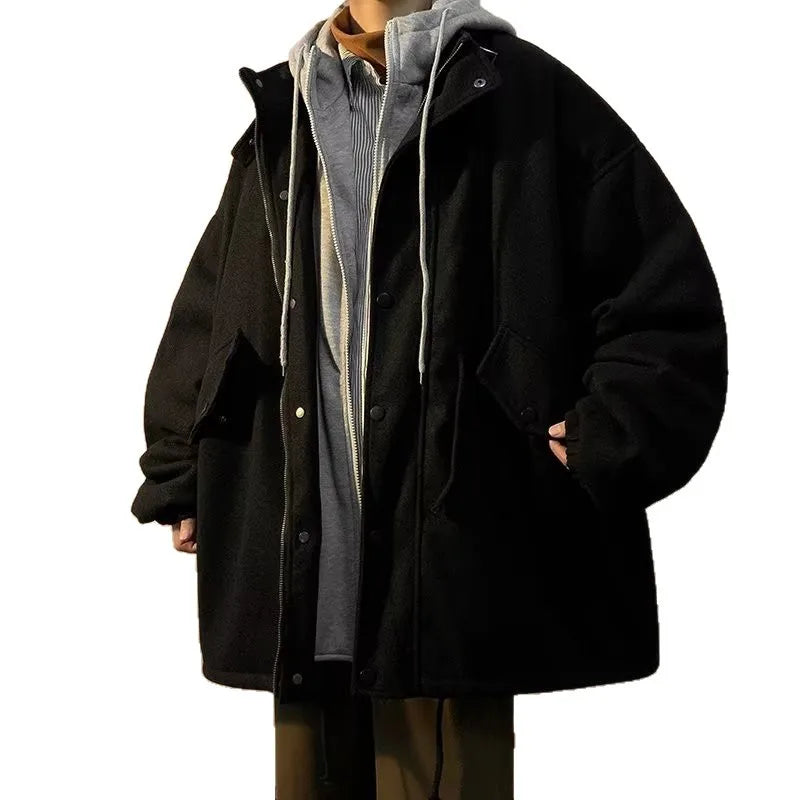 Voguable  Man Jacket Autumn Winter High Street Patchwork Men Outerwear Loose Pocket Zipper Hooded Windproof Male Fake Two-piece Coat voguable