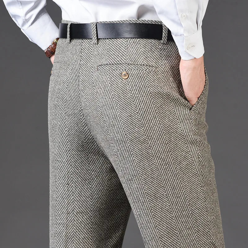Flat Cashmere Suit Trouser For Male Loose Plaid Hight Waist Classic Straight Formal Mens Dress Pants Business Size 42 44 voguable