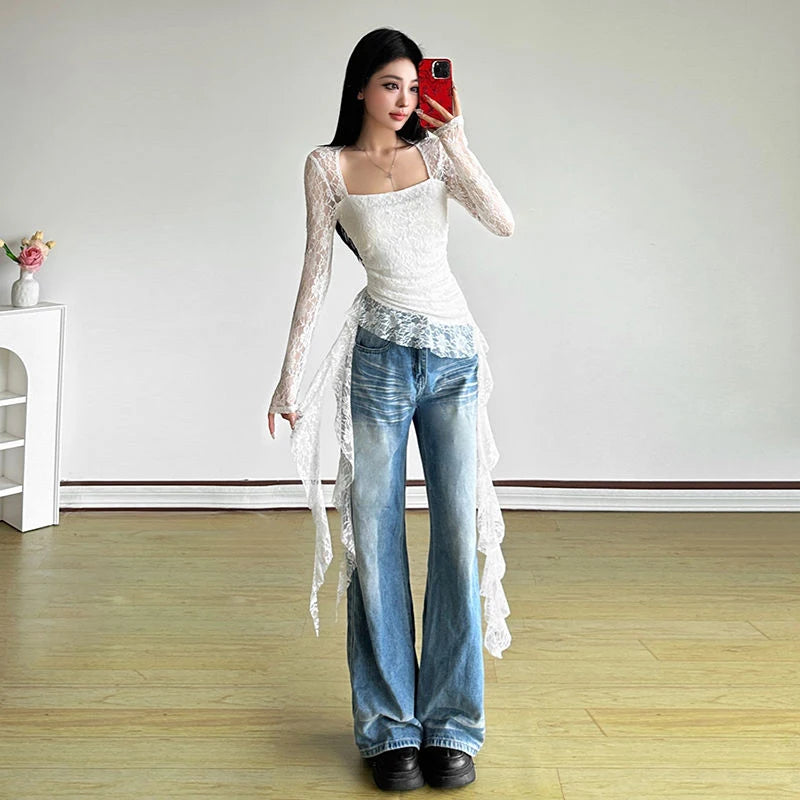 Y2K Ruffles Lace T Shirts Women Sexy Slim Long Sleeve Streetwear Tops Fashion Square Collar Irregular Design Female Tees voguable