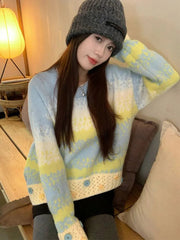 Hole Y2K Gradient Striped Sweater Women Vintage Preppy Style Long Sleeve Knitted Pullovers Casual O Neck Buttons Sweet Jumper voguable
