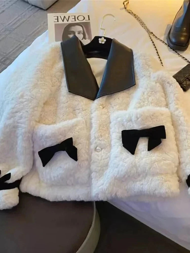 Women Sweet Bow Faux Lamb Coat Fashion Korean Long Sleeve Winter Warm Jacket Chic Slim Patchwork Elegant Pockets Outwear voguable