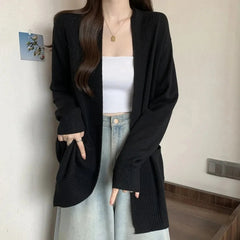 Knitted Women Cardigan Autumn Loose Long Sleeve V Neck Casual Sweater Coat Korean Solid Simple Basic Female All Match Cardigan voguable