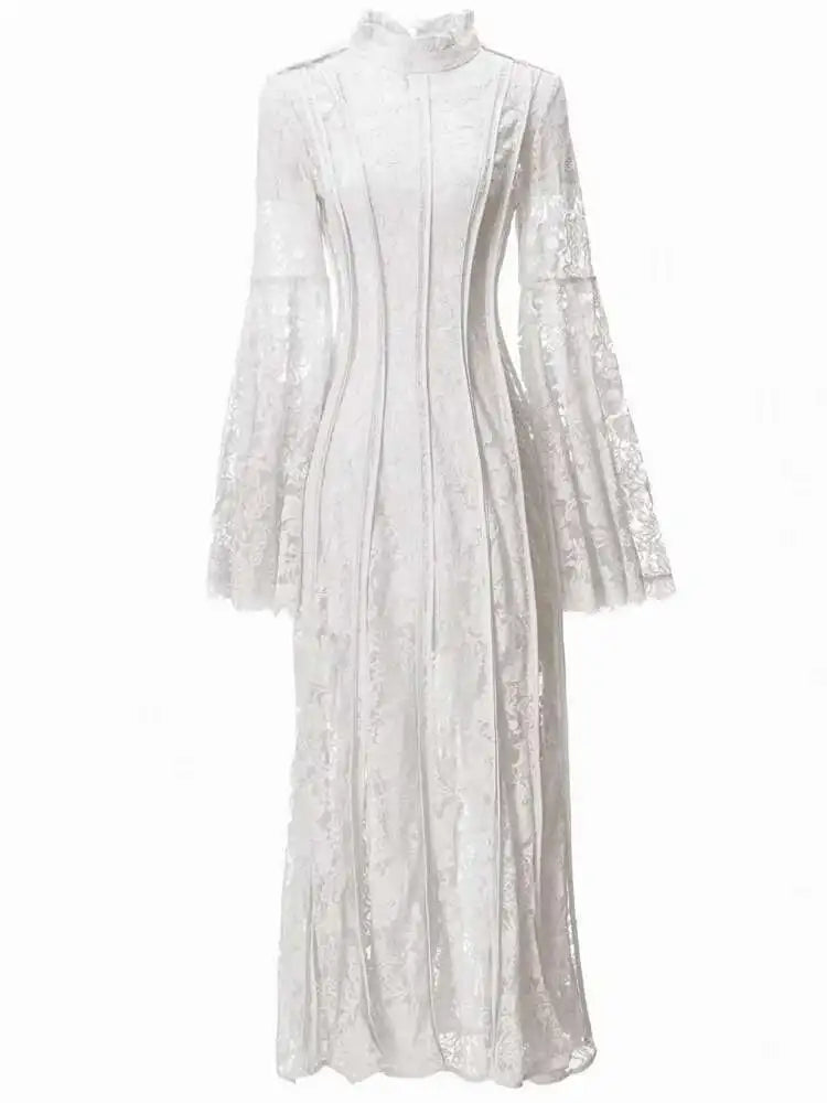 Solid High Quality Evening Dresses For Women Stand Collar High Waist Long Sleeve Thin Elegant Dress Female Clothing voguable