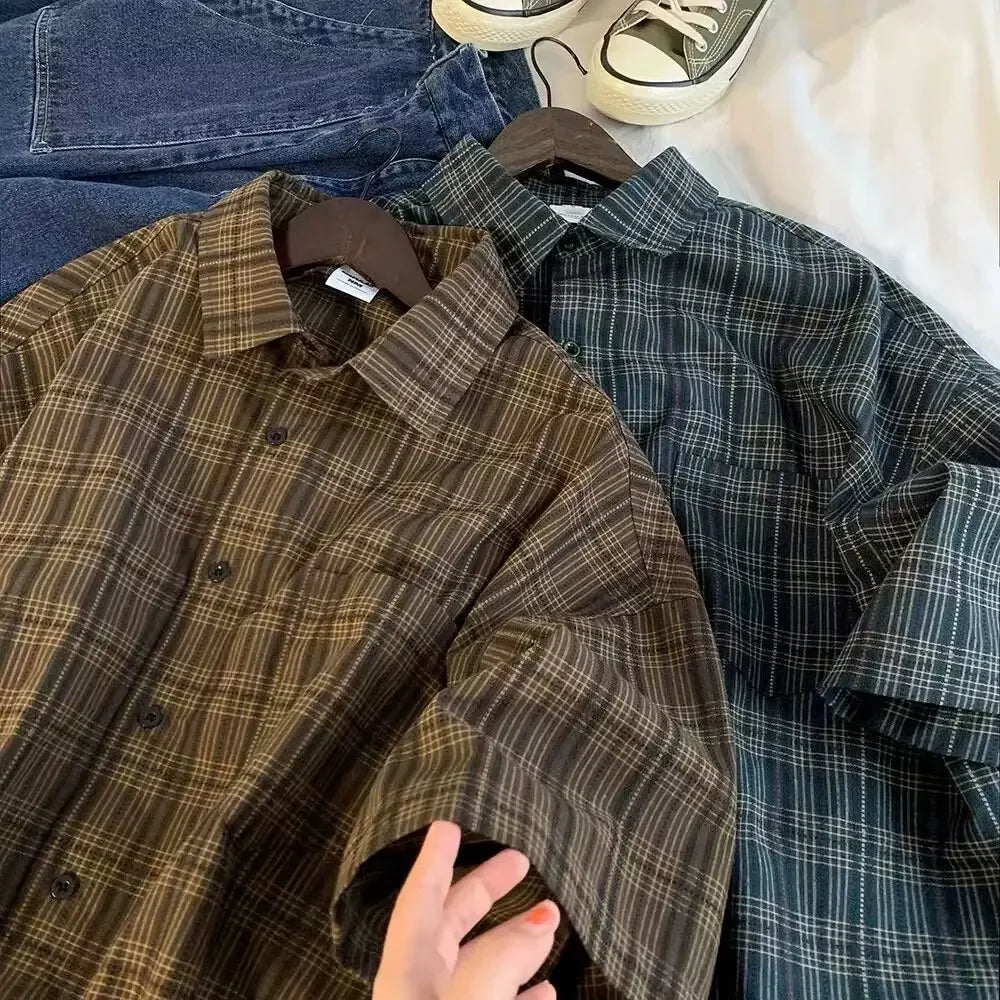 Japanese Vintage Plaid Short Sleeve Shirt Men's Streetwear Loose Fit Casual Stylish Versatile Half Sleeve Underwear voguable