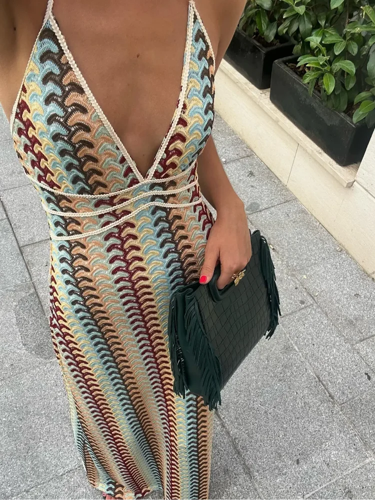 Sexy Contrast Striped Knit Halter Dress Women Fashion Loose Backless Maxi Dresses Summer Chic Female Beach Party Vestidos voguable