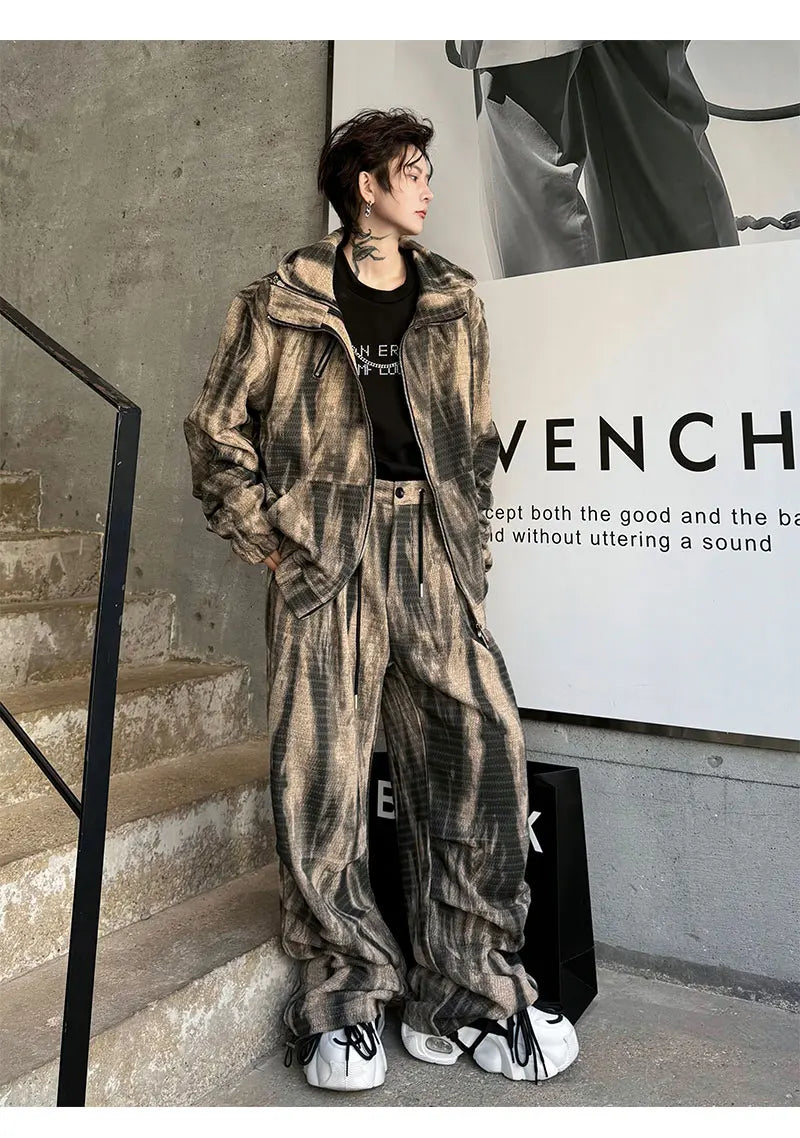 Voguable 2024 Spring Tie-dyed Design Fashion Loose High Street Hooded Jacket Loose Casual Pants Men's Trendy Two-piece Sets voguable