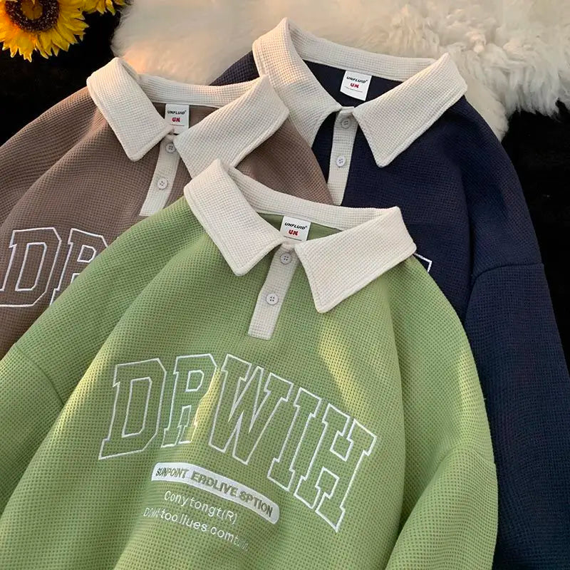 Voguable Hip Hop Brand Letter Waffle Cotton POLO Shirt Sweatshirt Women Girls Loose Casual Winter Clothes Korean Fashion Pullover Student voguable