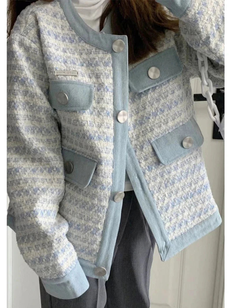 Fall Women Sweet Tweed Jacket Vintage Casual Long Sleeve Elegant Coat French Cute O Neck Women Fall Winter Retro Tops New voguable