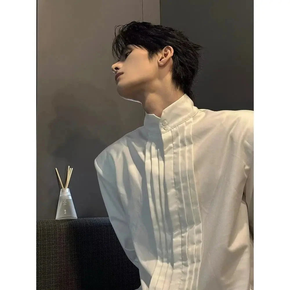 Spring New Niche Shirt Deconstructed Stand Collar Long-sleeved Shirt Men's Mature Elegant Youth Design Feel Loose Casual Blouse voguable