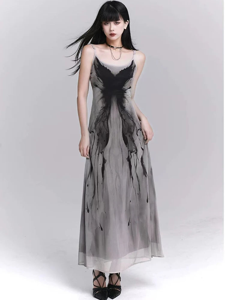 Retro Ink Butterfly Tie Dye Camis Dress Women Summer Slim Sleeveless Midi Dress Y2K Korean Sweet Mesh Spaghetti Straps Vestidos voguable