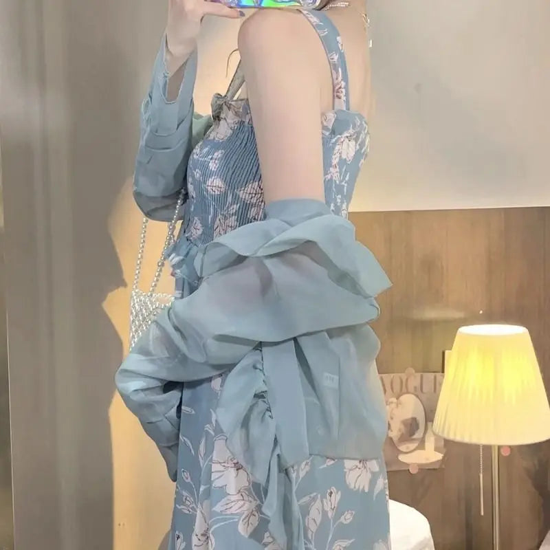 Voguable  Summer Floral Printed Suspender Dress Slim Women Sleeveless Fairy Long Dress Casual Vacation Casual Dress Two-piece voguable