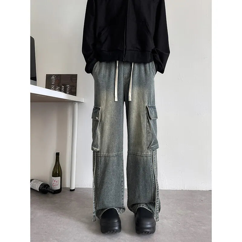 Baggy Casual Denim cargo Pant man Mopping Trousers Yellow Mud Ribbons Multi-pockets Drawstring Jeans for Men Harajuku Streetwear