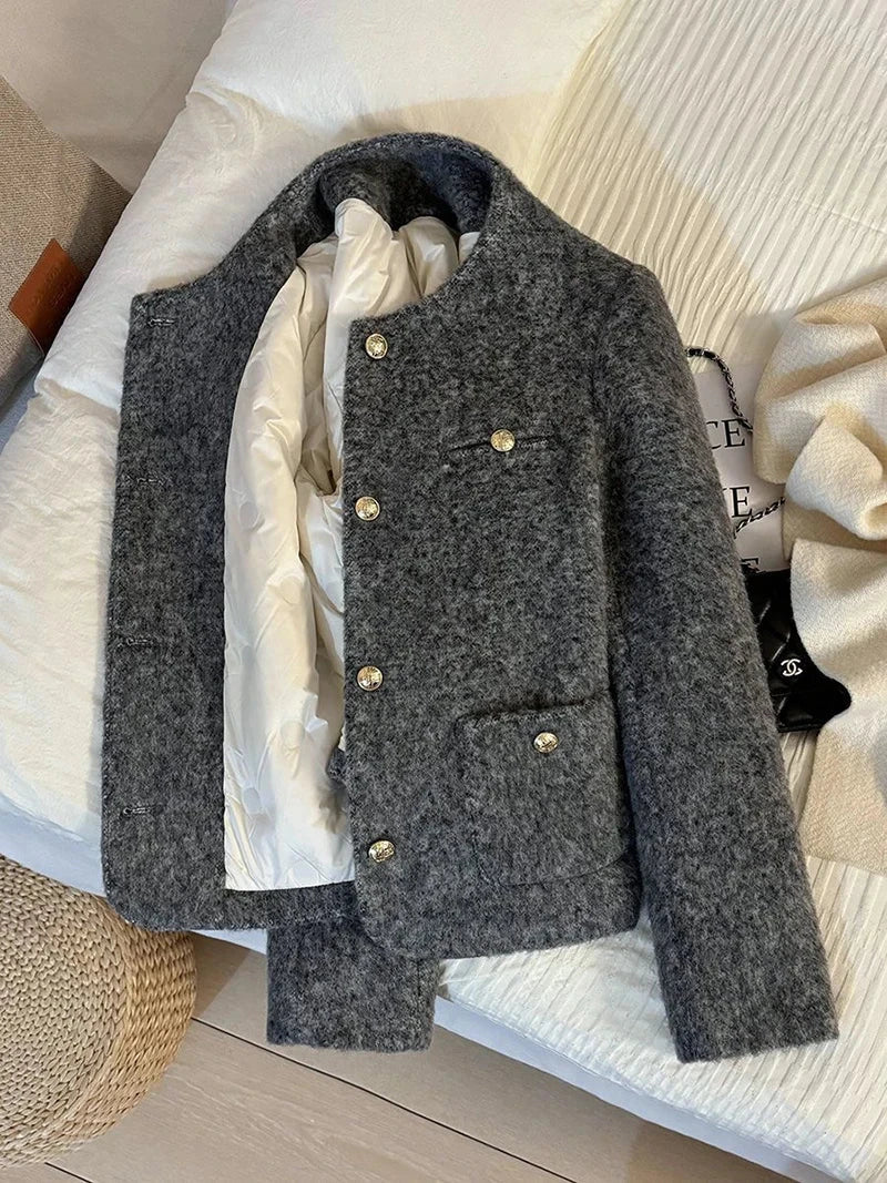 Winter Faux Woolen Gray Coat Women Vintage Thick Warm Long Sleeve Slim Jacket Casual O Neck Female Korean Elegant Retro Top voguable