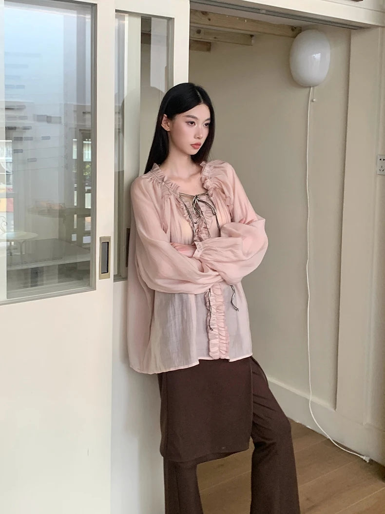 Fall 2025 Fashion Woman Ruffle Lantern Sleeve Sheer Blouse Women V Neck Bandage Oversize Top Designer Fashion Clothes voguable