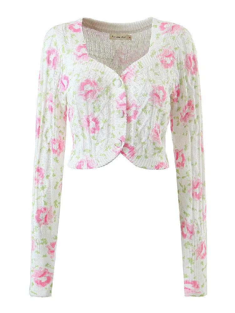 Autumn Retro Tie-dye Flower Print Cropped Cardigan Woman V neck Puff Long Sleeve Knitted Sweater Knitwear Jumper voguable